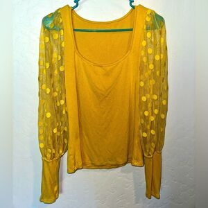 🔥 3/15 SALE 🔥 Yellow Mesh Polka Dot Sleeve Ribbed Yellow Top
